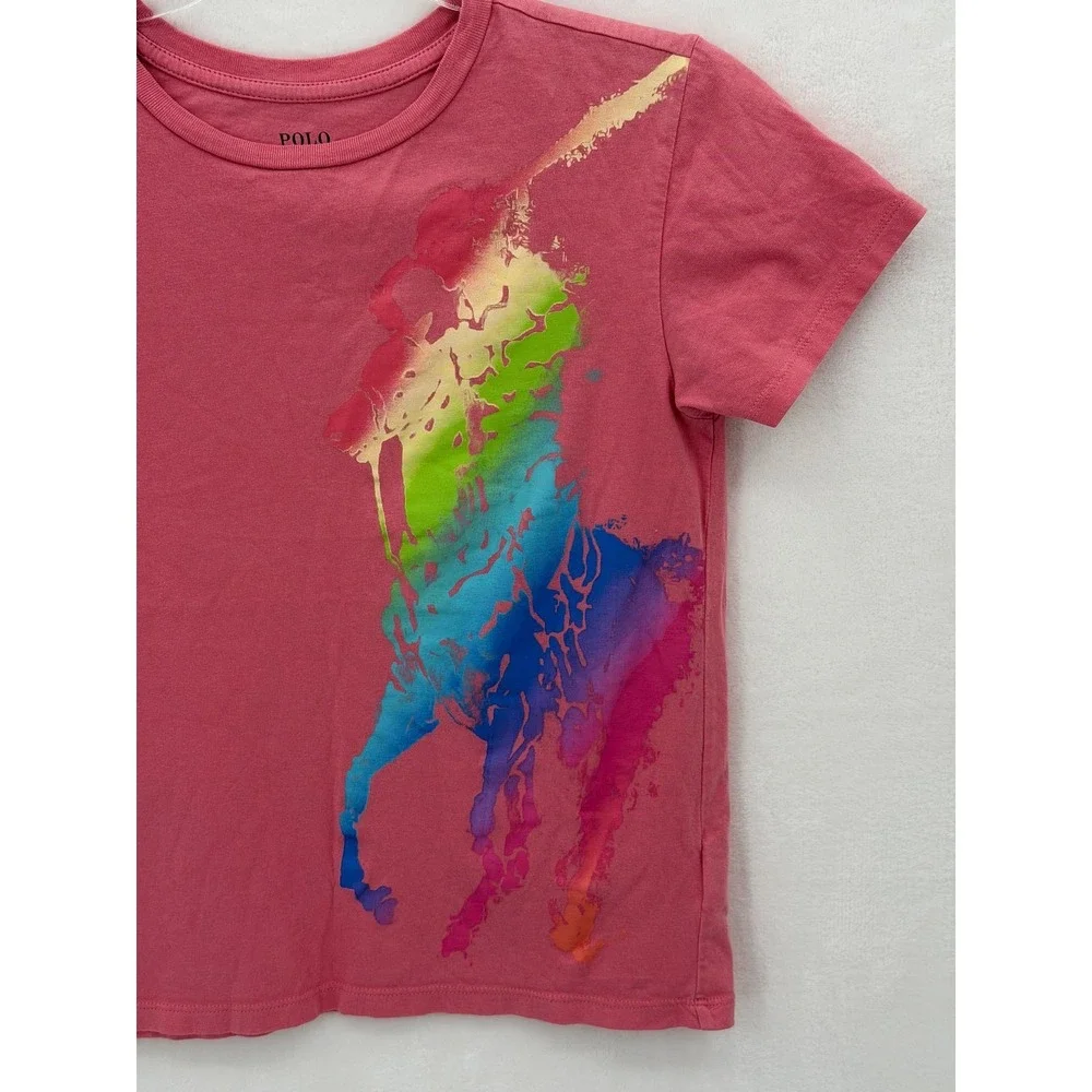 Polo Ralph Lauren T-Shirt Girls XL Pink Rainbow Big Pony Graphic Colorful Casual